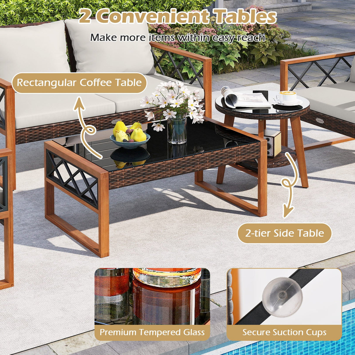 Juego de muebles de patio de mimbre PE de 5 piezas con estructura de madera de acacia