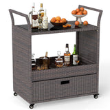 Outdoor Wicker Bar Cart Table with Tempered Glass Top