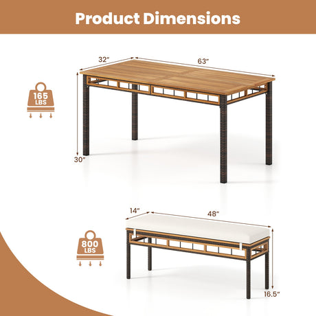 Juego de comedor de patio de madera de acacia de 3 piezas para terraza y jardín