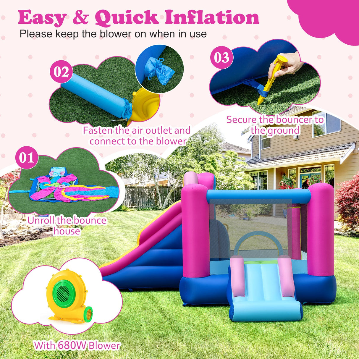 Castillo Hinchable con Toboganes y Canasta de Baloncesto (con Soplador de 680 W)