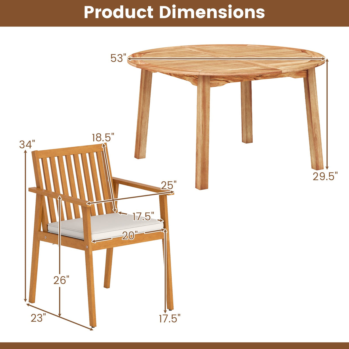 Juego de comedor de patio de 5 piezas de madera de acacia con orificio para sombrilla