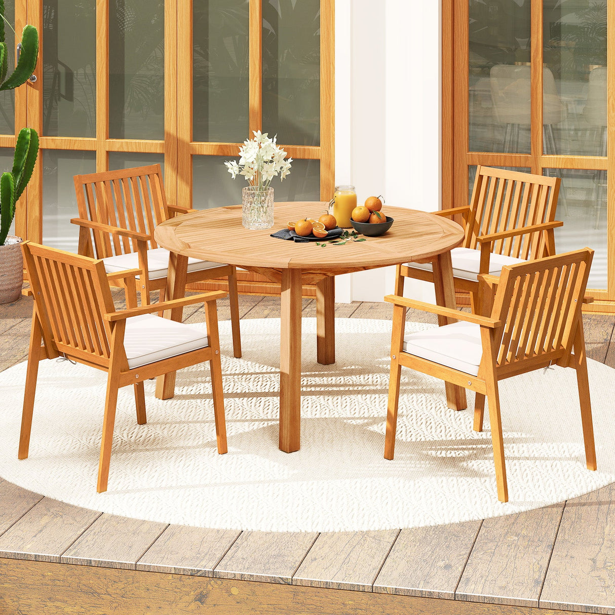 Juego de comedor de patio de 5 piezas de madera de acacia con orificio para sombrilla