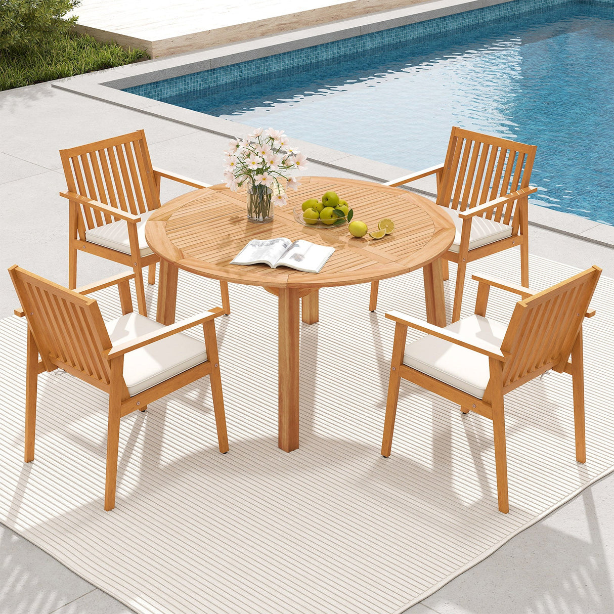 Juego de comedor de patio de 5 piezas de madera de acacia con orificio para sombrilla