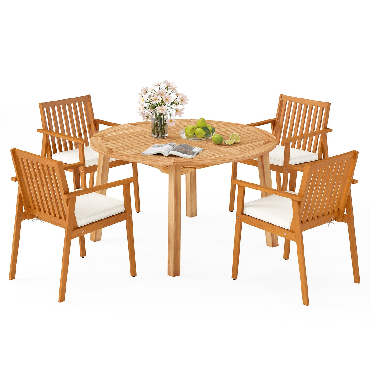 Juego de comedor de patio de 5 piezas de madera de acacia con orificio para sombrilla