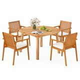 Juego de comedor de patio de 5 piezas de madera de acacia con orificio para sombrilla