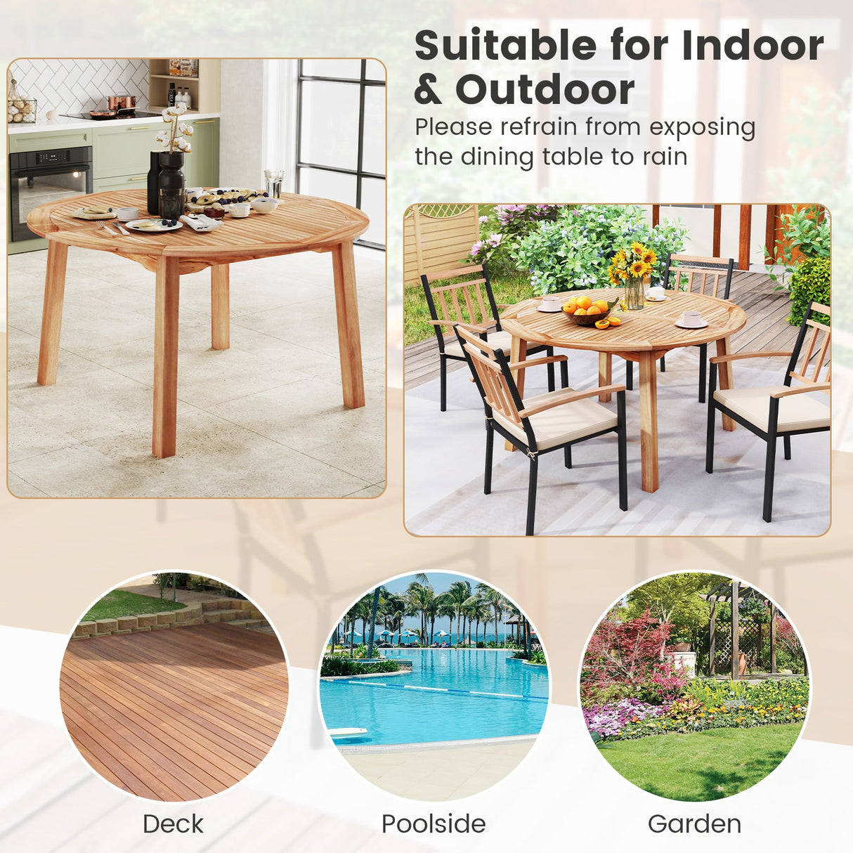 Juego de comedor de patio de 5 piezas de madera de acacia con orificio para sombrilla
