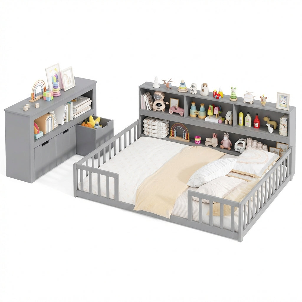 Cama Montessori baja y conjunto de mueble organizador de juguetes para niños