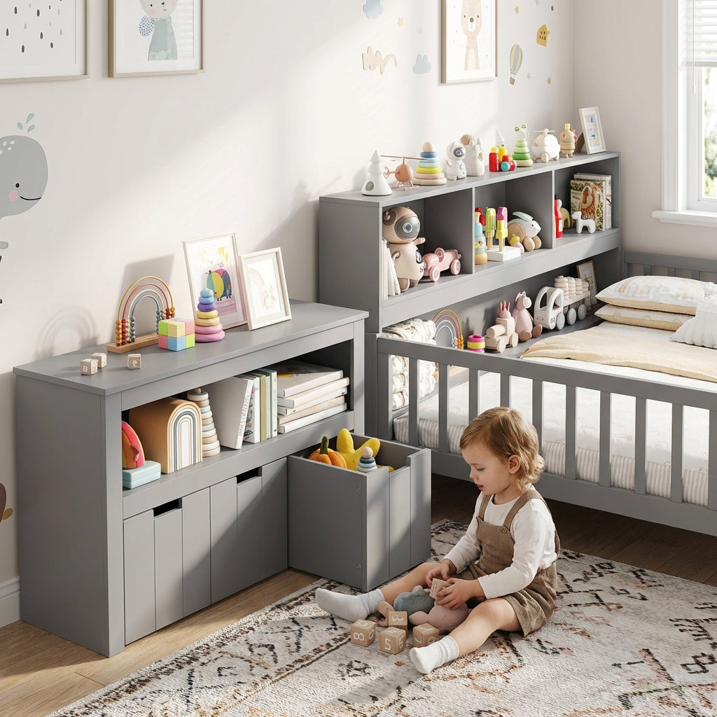 Cama Montessori baja y conjunto de mueble organizador de juguetes para niños