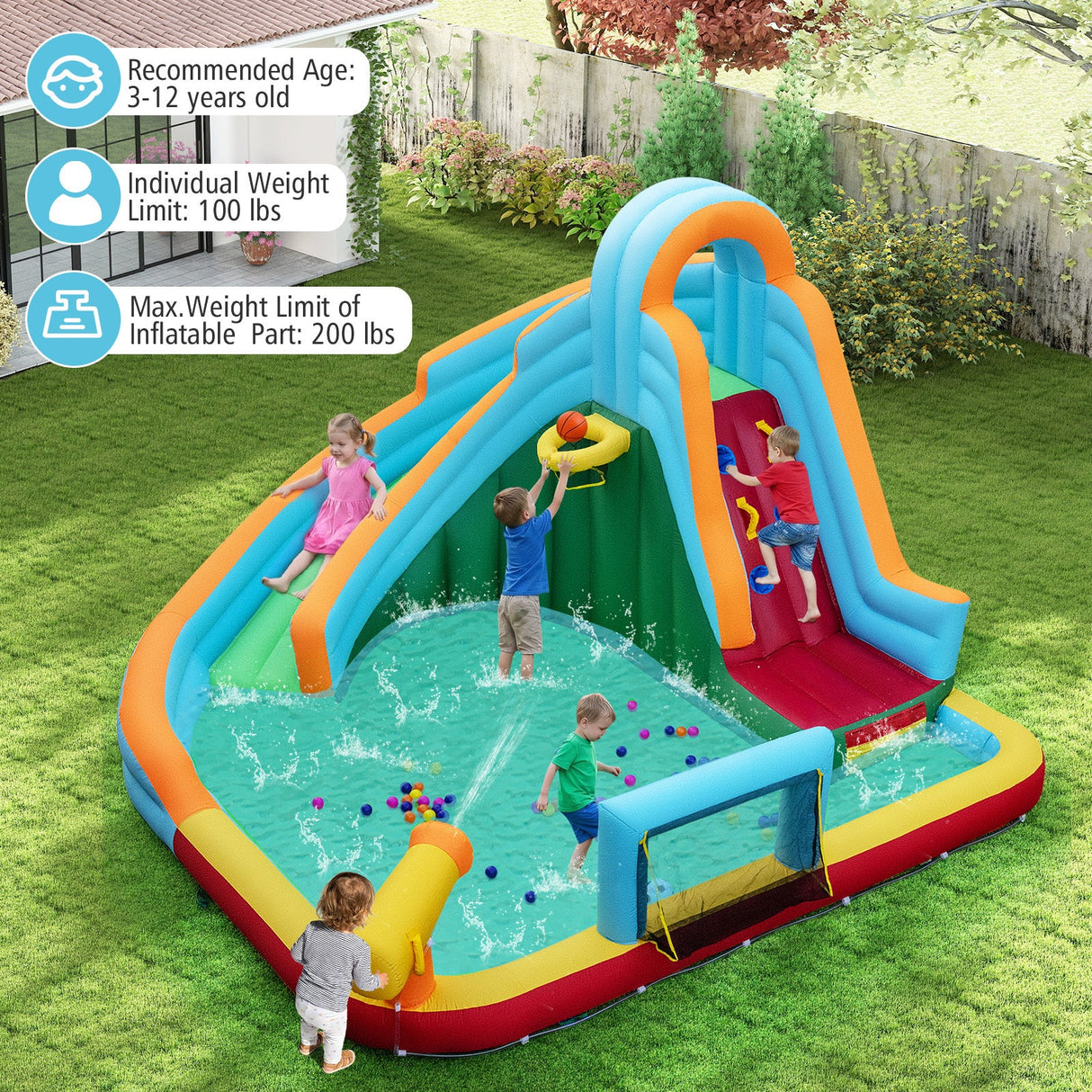 Parque Acuático Hinchable Tobogán 6 en 1 Casa de Rebotes Gigante sin Soplador costway5