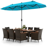 Juego de comedor de patio de 11 piezas, sombrilla de patio de doble cara de 4,5 m (base incluida) y juego de muebles de ratán para exteriores con 8 sillas apilables - Turquesa