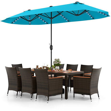 Juego de comedor de patio de 11 piezas, sombrilla de patio de doble cara de 4,5 m (base incluida) y juego de muebles de ratán para exteriores con 8 sillas apilables - Turquesa