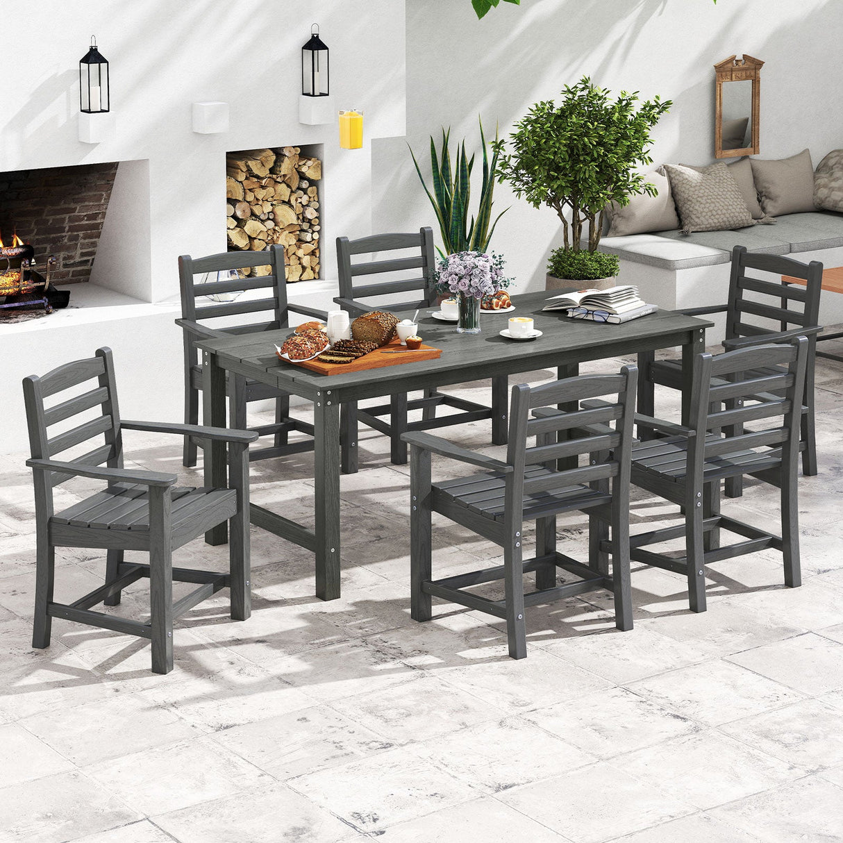 Juego de comedor de exterior de 7 piezas para 6 personas, mesa rectangular de HDPE de 67 pulgadas para patio y 6 sillones