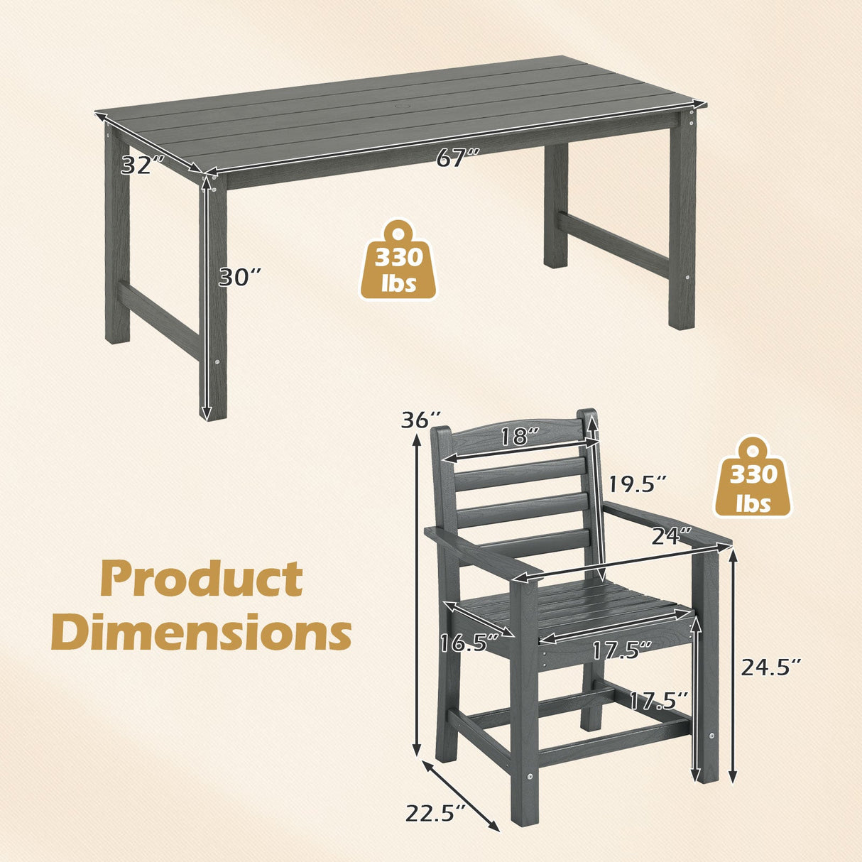 Juego de comedor de exterior de 7 piezas para 6 personas, mesa rectangular de HDPE de 67 pulgadas para patio y 6 sillones
