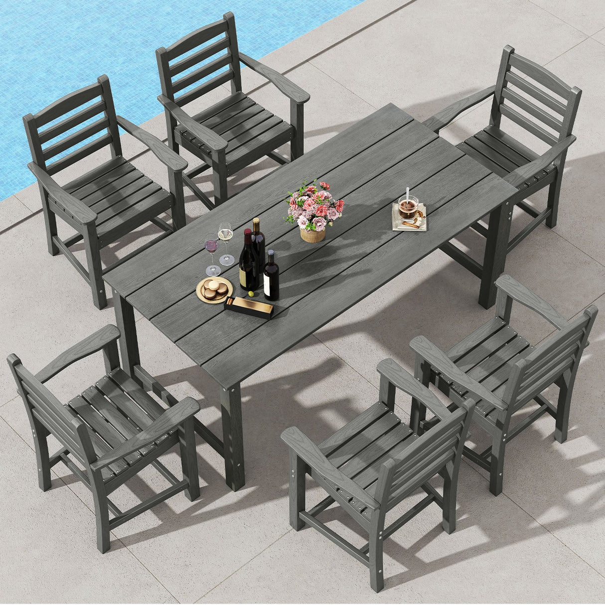 Juego de comedor de exterior de 7 piezas para 6 personas, mesa rectangular de HDPE de 67 pulgadas para patio y 6 sillones