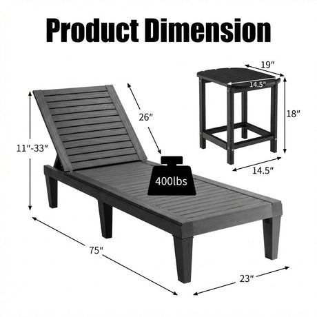 Juego de tumbonas reclinables ajustables de 3 piezas para exteriores con 2 reclinadores y 1 mesa auxiliar para jardín o patio trasero