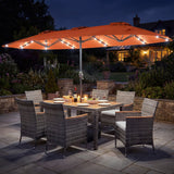 Muebles de comedor de mimbre para exterior de 8 piezas y sombrilla de patio de doble cara de 13.5 pies