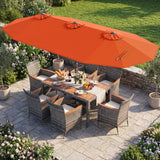 Muebles de comedor de mimbre para exterior de 8 piezas y sombrilla de patio de doble cara de 13.5 pies
