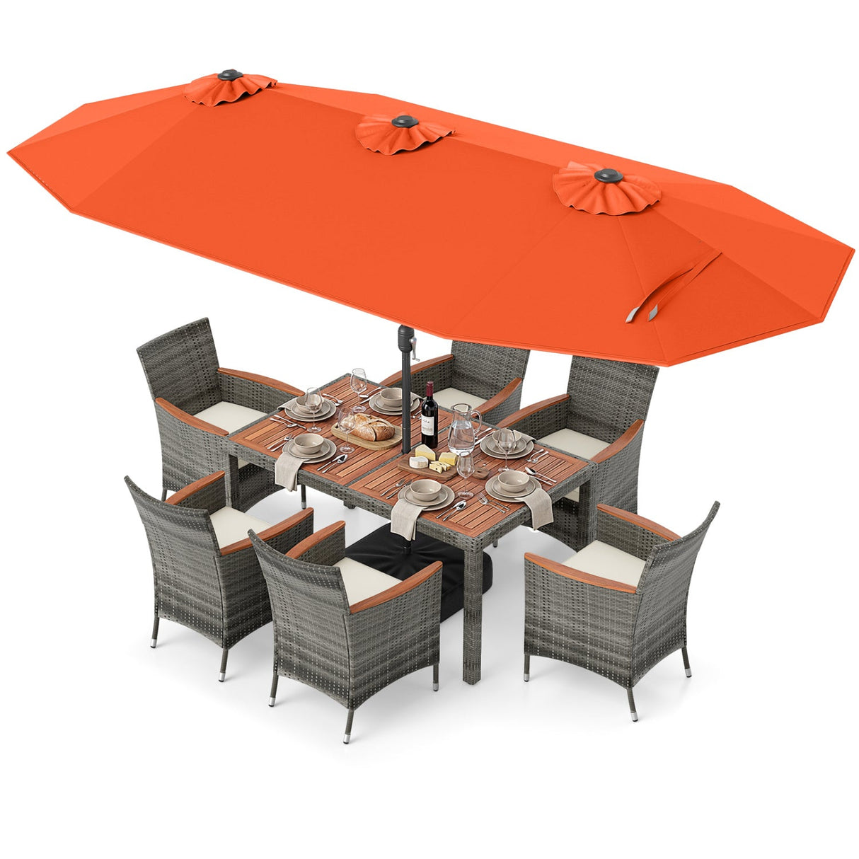 Muebles de comedor de mimbre para exterior de 8 piezas y sombrilla de patio de doble cara de 13.5 pies