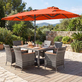 Muebles de comedor de mimbre para exterior de 8 piezas y sombrilla de patio de doble cara de 13.5 pies