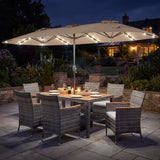 Muebles de comedor de mimbre para exterior de 8 piezas y sombrilla de patio de doble cara de 13.5 pies