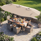 Muebles de comedor de mimbre para exterior de 8 piezas y sombrilla de patio de doble cara de 13.5 pies