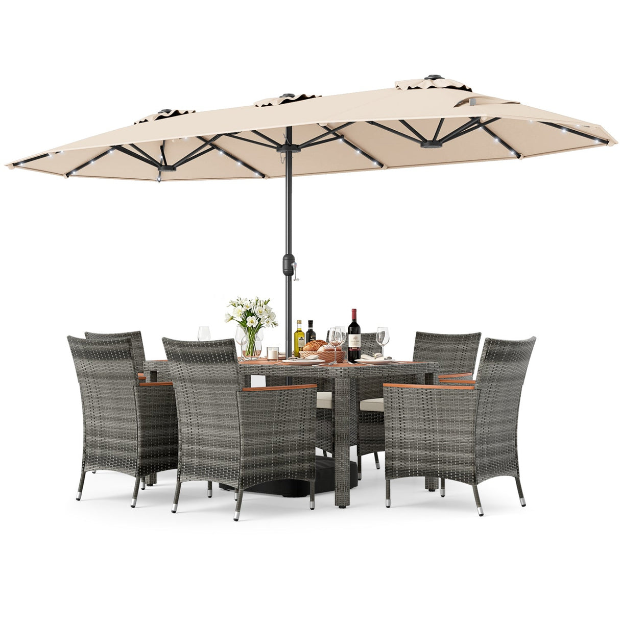 Muebles de comedor de mimbre para exterior de 8 piezas y sombrilla de patio de doble cara de 13.5 pies