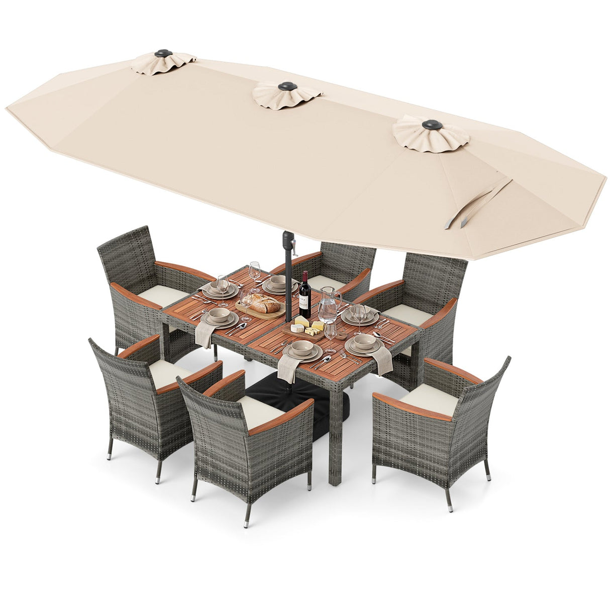 Muebles de comedor de mimbre para exterior de 8 piezas y sombrilla de patio de doble cara de 13.5 pies