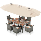 Muebles de comedor de mimbre para exterior de 8 piezas y sombrilla de patio de doble cara de 13.5 pies