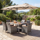 Muebles de comedor de mimbre para exterior de 8 piezas y sombrilla de patio de doble cara de 13.5 pies