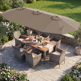 Muebles de comedor de mimbre para exterior de 8 piezas y sombrilla de patio de doble cara de 13.5 pies
