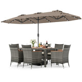 Muebles de comedor de mimbre para exterior de 8 piezas y sombrilla de patio de doble cara de 13.5 pies