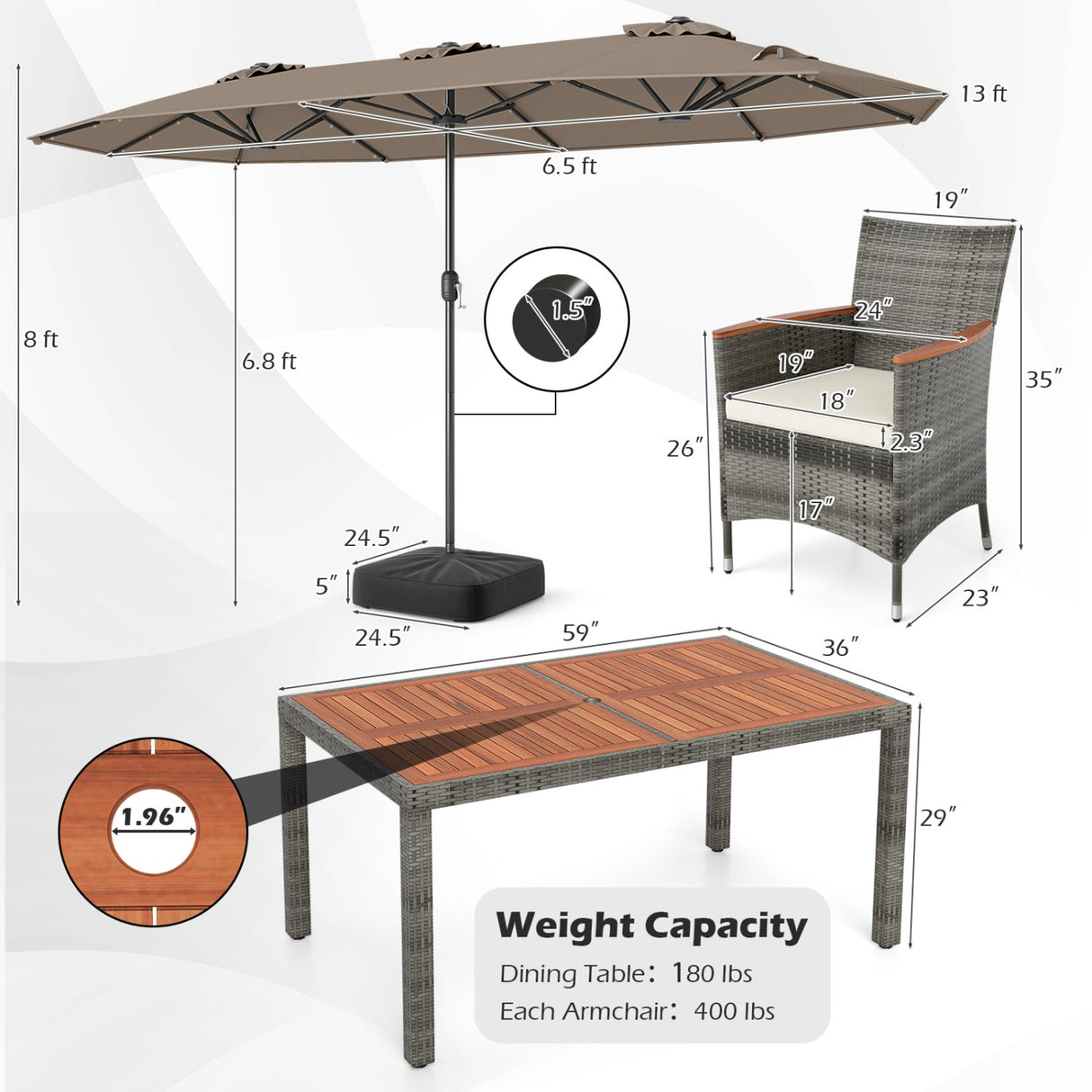 Muebles de comedor de mimbre para exterior de 8 piezas y sombrilla de patio de doble cara de 13.5 pies