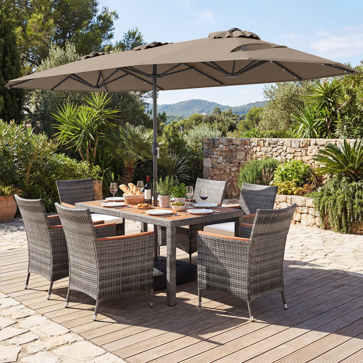 Muebles de comedor de mimbre para exterior de 8 piezas y sombrilla de patio de doble cara de 13.5 pies