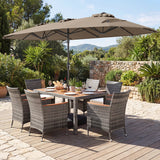 Muebles de comedor de mimbre para exterior de 8 piezas y sombrilla de patio de doble cara de 13.5 pies