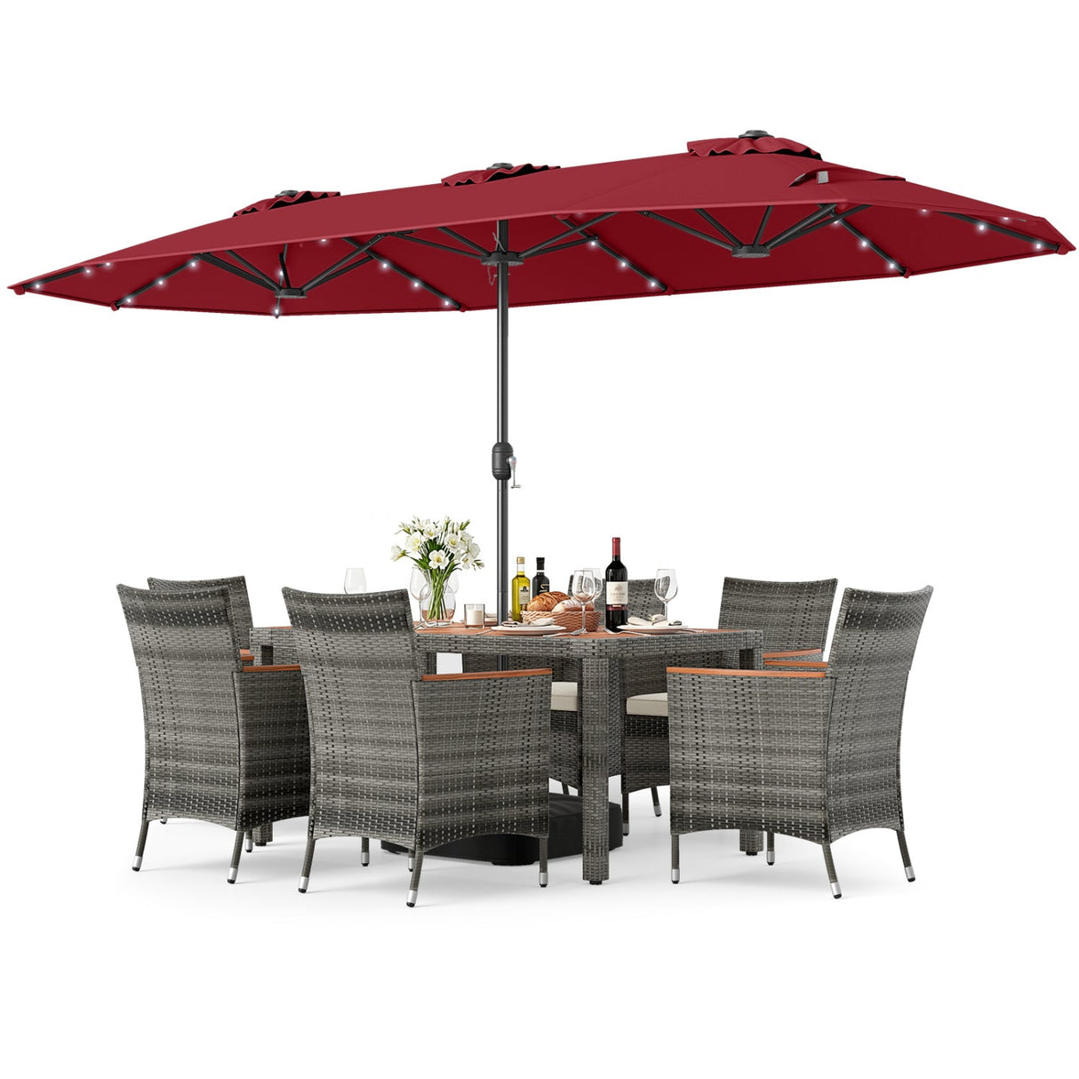 Muebles de comedor de mimbre para exterior de 8 piezas y sombrilla de patio de doble cara de 13.5 pies