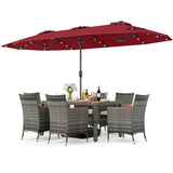 Muebles de comedor de mimbre para exterior de 8 piezas y sombrilla de patio de doble cara de 13.5 pies