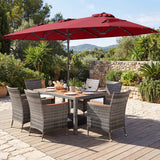 Muebles de comedor de mimbre para exterior de 8 piezas y sombrilla de patio de doble cara de 13.5 pies