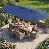 Muebles de comedor de mimbre para exterior de 8 piezas y sombrilla de patio de doble cara de 13.5 pies