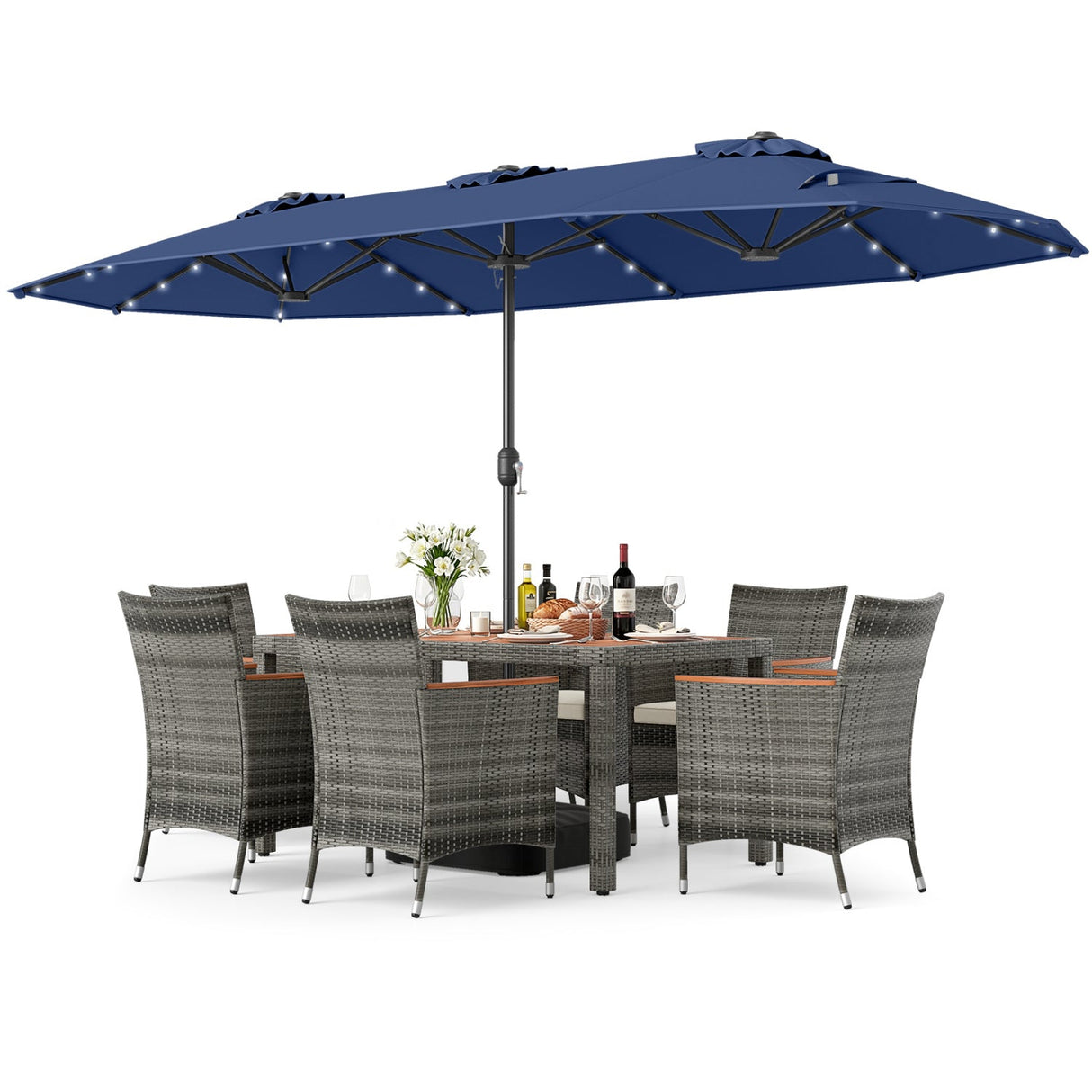 Muebles de comedor de mimbre para exterior de 8 piezas y sombrilla de patio de doble cara de 13.5 pies