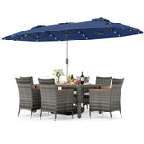 Muebles de comedor de mimbre para exterior de 8 piezas y sombrilla de patio de doble cara de 13.5 pies
