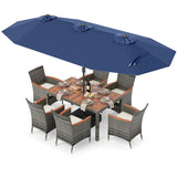 Muebles de comedor de mimbre para exterior de 8 piezas y sombrilla de patio de doble cara de 13.5 pies