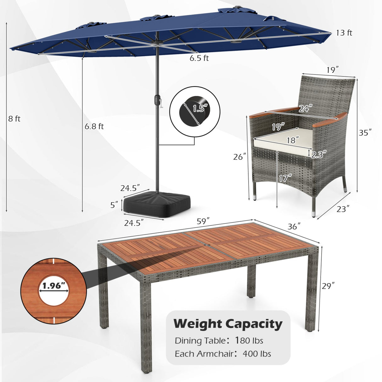 Muebles de comedor de mimbre para exterior de 8 piezas y sombrilla de patio de doble cara de 13.5 pies