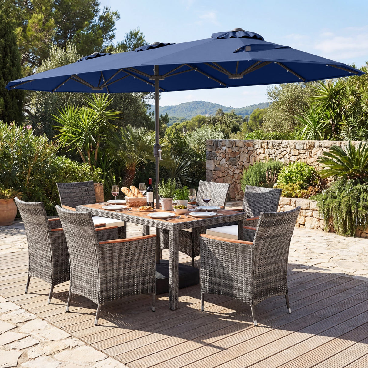 Muebles de comedor de mimbre para exterior de 8 piezas y sombrilla de patio de doble cara de 13.5 pies