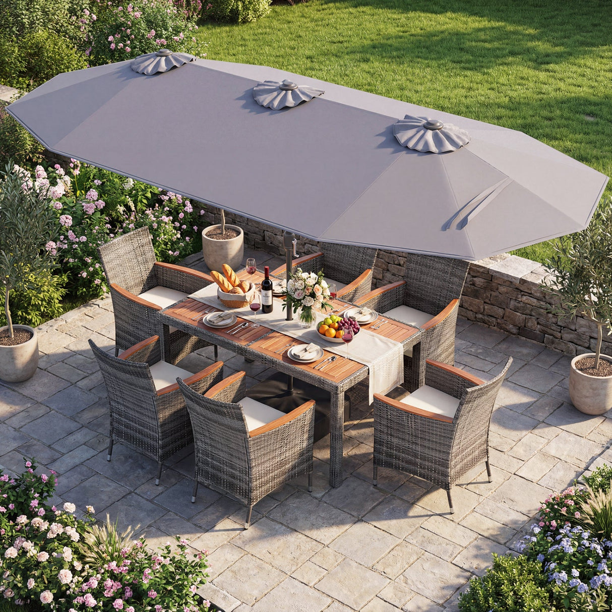 Muebles de comedor de mimbre para exterior de 8 piezas y sombrilla de patio de doble cara de 13.5 pies