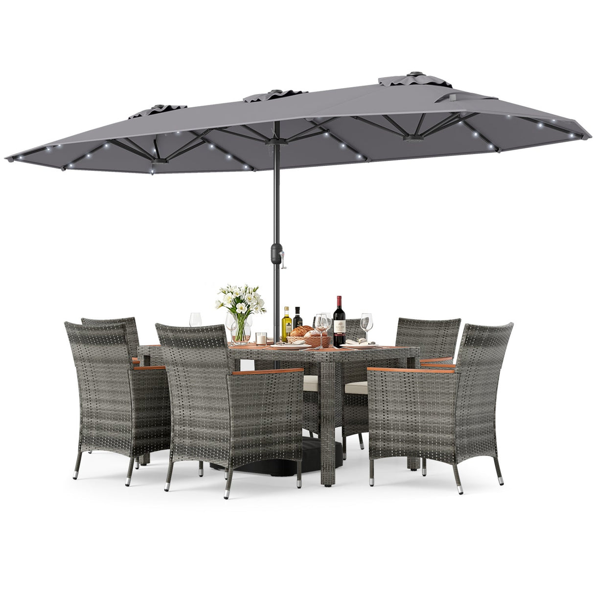 Muebles de comedor de mimbre para exterior de 8 piezas y sombrilla de patio de doble cara de 13.5 pies