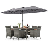 Muebles de comedor de mimbre para exterior de 8 piezas y sombrilla de patio de doble cara de 13.5 pies