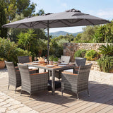 Muebles de comedor de mimbre para exterior de 8 piezas y sombrilla de patio de doble cara de 13.5 pies
