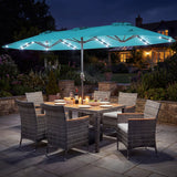Muebles de comedor de mimbre para exterior de 8 piezas y sombrilla de patio de doble cara de 13.5 pies