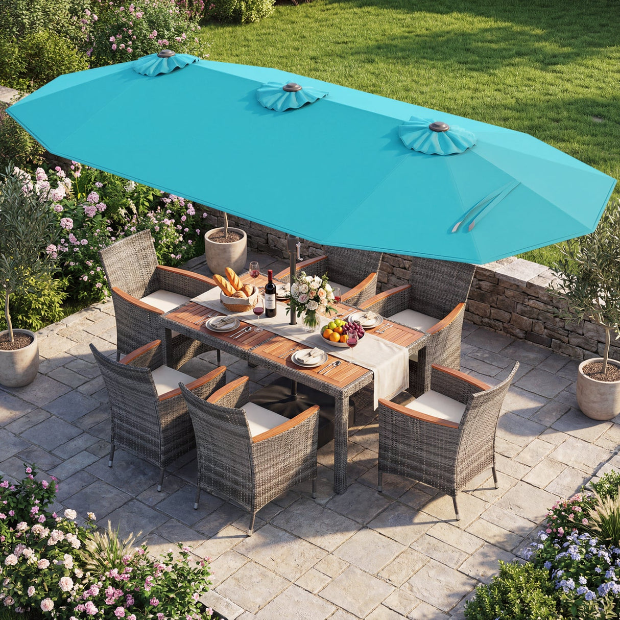 Muebles de comedor de mimbre para exterior de 8 piezas y sombrilla de patio de doble cara de 13.5 pies