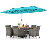 Muebles de comedor de mimbre para exterior de 8 piezas y sombrilla de patio de doble cara de 13.5 pies